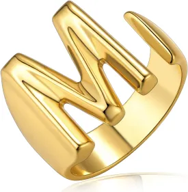 KeyStyle Bold Initial Letter Rings Adjustable, GoldChic Jewelry Women Gold Statement Ring Personalized Engraved Womens Open Signet Ring for Party (Gold, White Gold, Black)