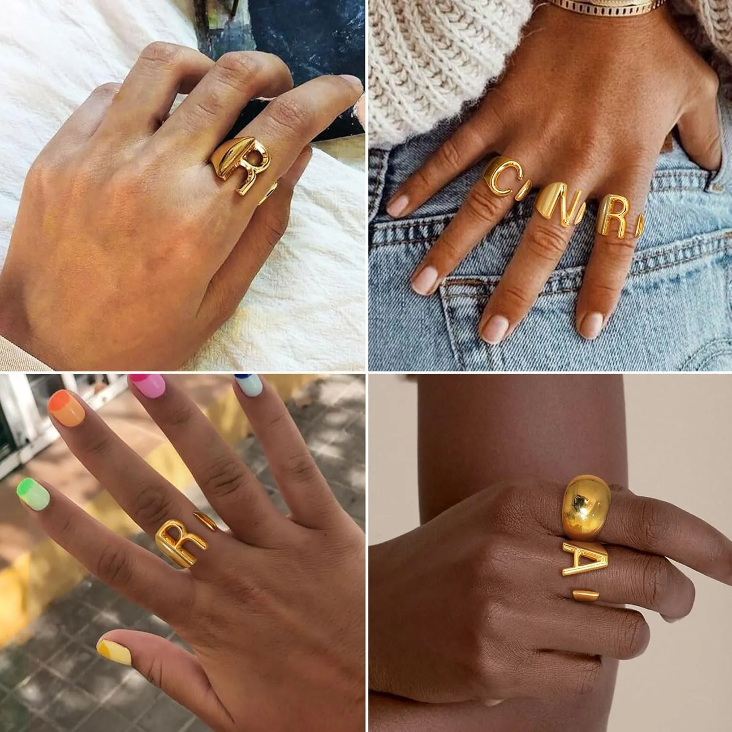 KeyStyle Bold Initial Letter Rings Adjustable, GoldChic Jewelry Women Gold Statement Ring Personalized Engraved Womens Open Signet Ring for Party (Gold, White Gold, Black)