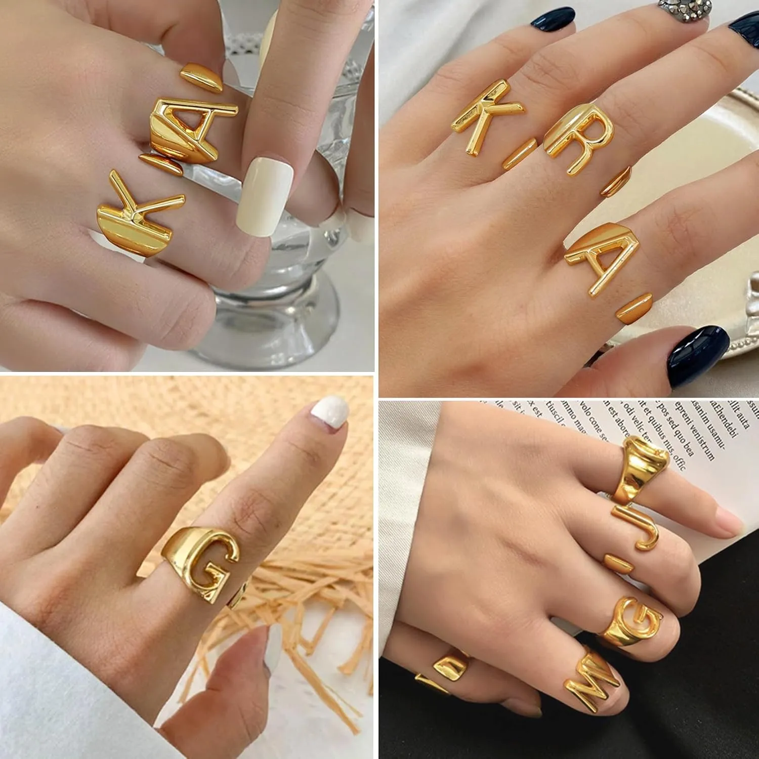 KeyStyle Bold Initial Letter Rings Adjustable, GoldChic Jewelry Women Gold Statement Ring Personalized Engraved Womens Open Signet Ring for Party (Gold, White Gold, Black)