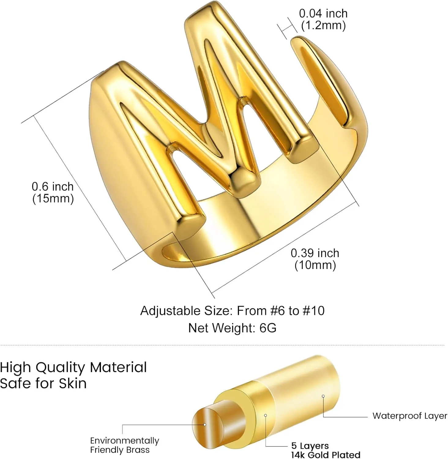 KeyStyle Bold Initial Letter Rings Adjustable, GoldChic Jewelry Women Gold Statement Ring Personalized Engraved Womens Open Signet Ring for Party (Gold, White Gold, Black)