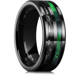King Will 8mm Green/Blck/Red/Purple Shell/Meteorite Inlaid Black Tungsten Carbide Rings Wedding Band Brushed/Polished Men??s Engagement Ring Comfort Fit for Men Women