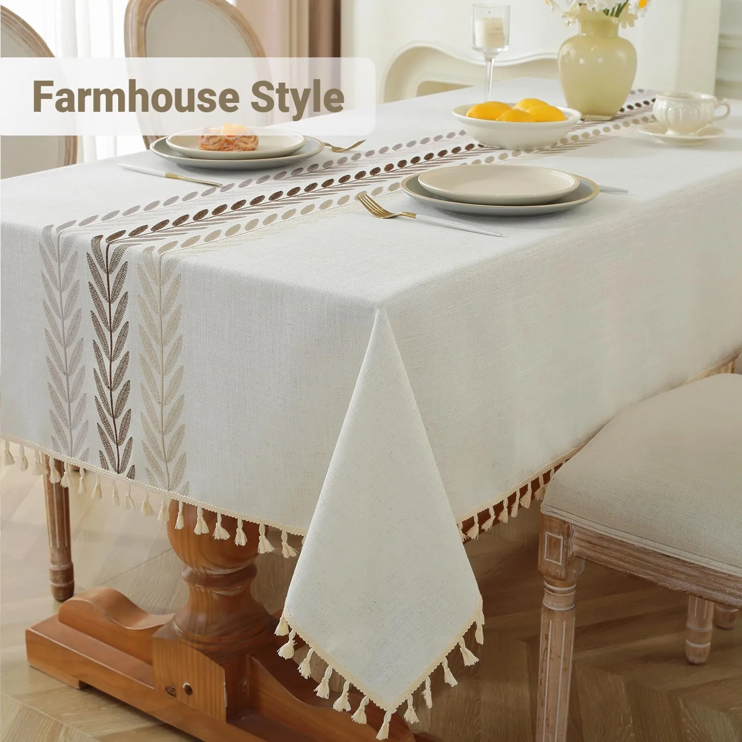 Laolitou Cotton Linen Waterproof Tablecloth for Dining Table Farmhouse Kitchen Rectangle Table Cloth Coffee Wrinkle Free Cover, Beige, Wine Leaf, 55x55 Inch