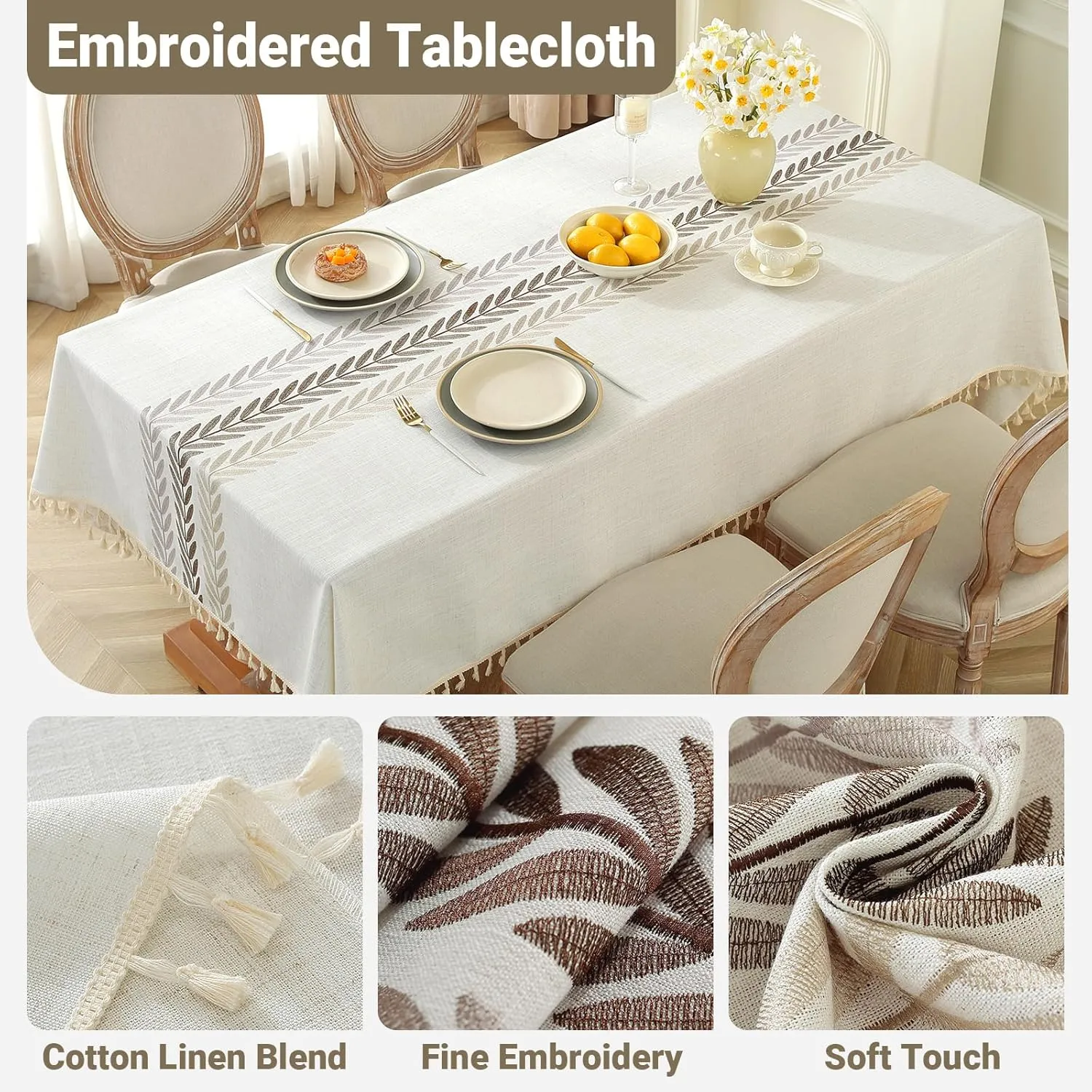 Laolitou Cotton Linen Waterproof Tablecloth for Dining Table Farmhouse Kitchen Rectangle Table Cloth Coffee Wrinkle Free Cover, Beige, Wine Leaf, 55x55 Inch