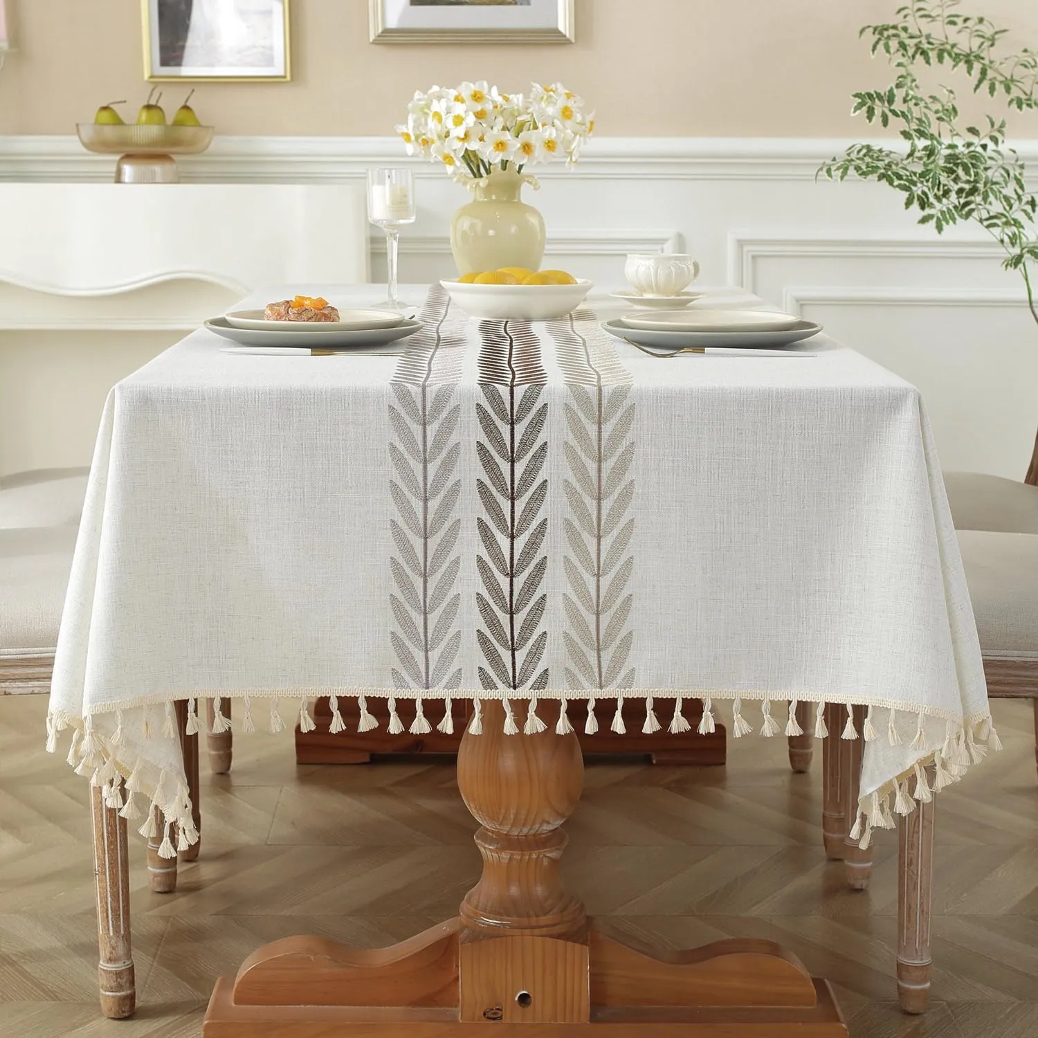 Laolitou Cotton Linen Waterproof Tablecloth for Dining Table Farmhouse Kitchen Rectangle Table Cloth Coffee Wrinkle Free Cover, Beige, Wine Leaf, 55x55 Inch