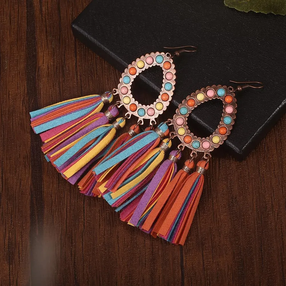Long Bohemian Fringe Leather Earrrings Handmade Tassel Earrings with Turquoise Vintage Boho Long Dangle Earrings for Women rodeo jewelry