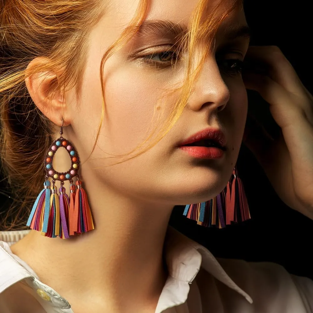 Long Bohemian Fringe Leather Earrrings Handmade Tassel Earrings with Turquoise Vintage Boho Long Dangle Earrings for Women rodeo jewelry