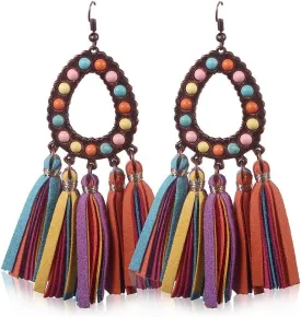 Long Bohemian Fringe Leather Earrrings Handmade Tassel Earrings with Turquoise Vintage Boho Long Dangle Earrings for Women rodeo jewelry