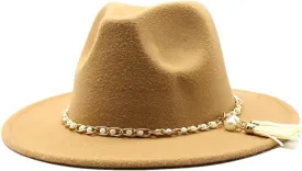 Men and Women Classic Fedora Hat with Pearl Tassel Chain Woolen Jazz Hat Big Brim Hat Flat Panama Hat