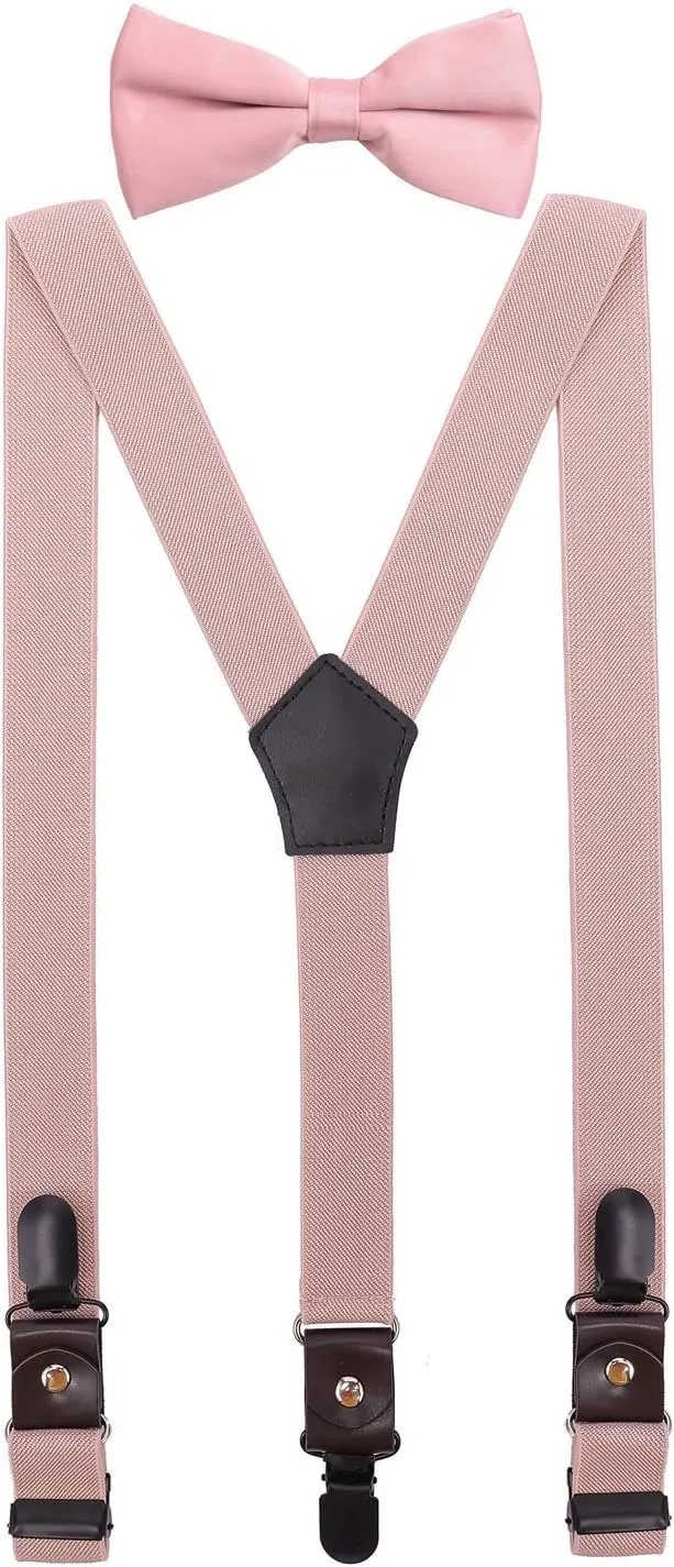 Men's Boys' Suspenders and Bow Tie Set Adjustable with Black Metal Clips