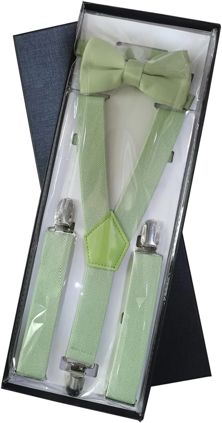 Men's Boys' Suspenders and Bow Tie Set Adjustable with Black Metal Clips
