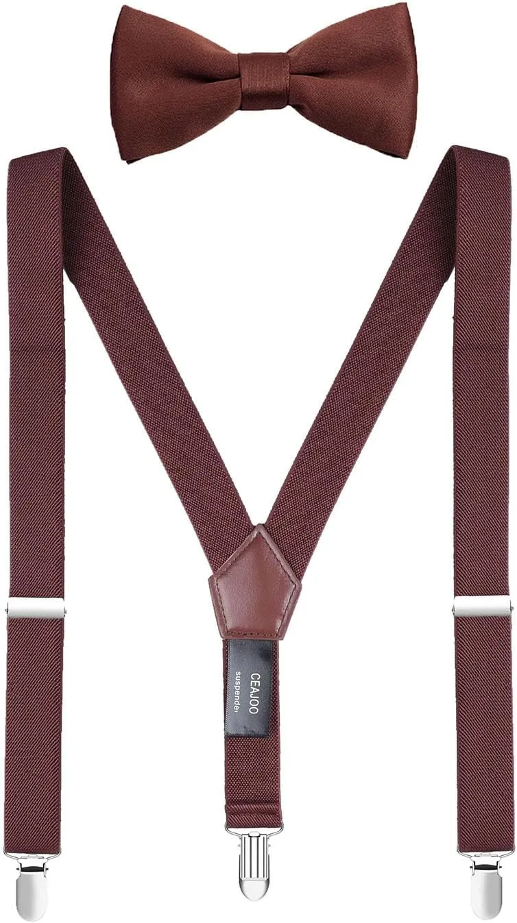 Men's Boys' Suspenders and Bow Tie Set Adjustable with Black Metal Clips