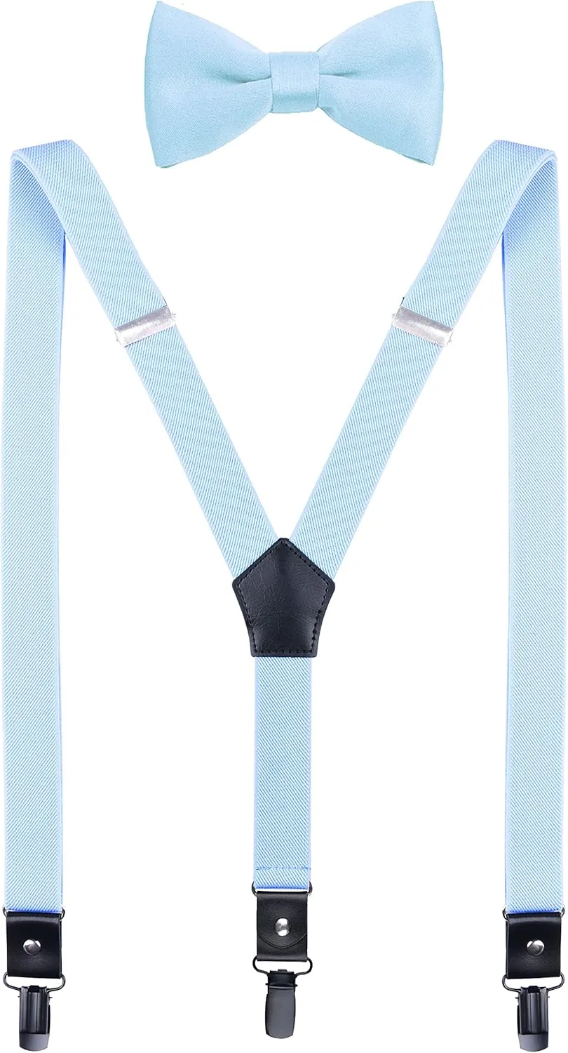 Men's Boys' Suspenders and Bow Tie Set Adjustable with Black Metal Clips