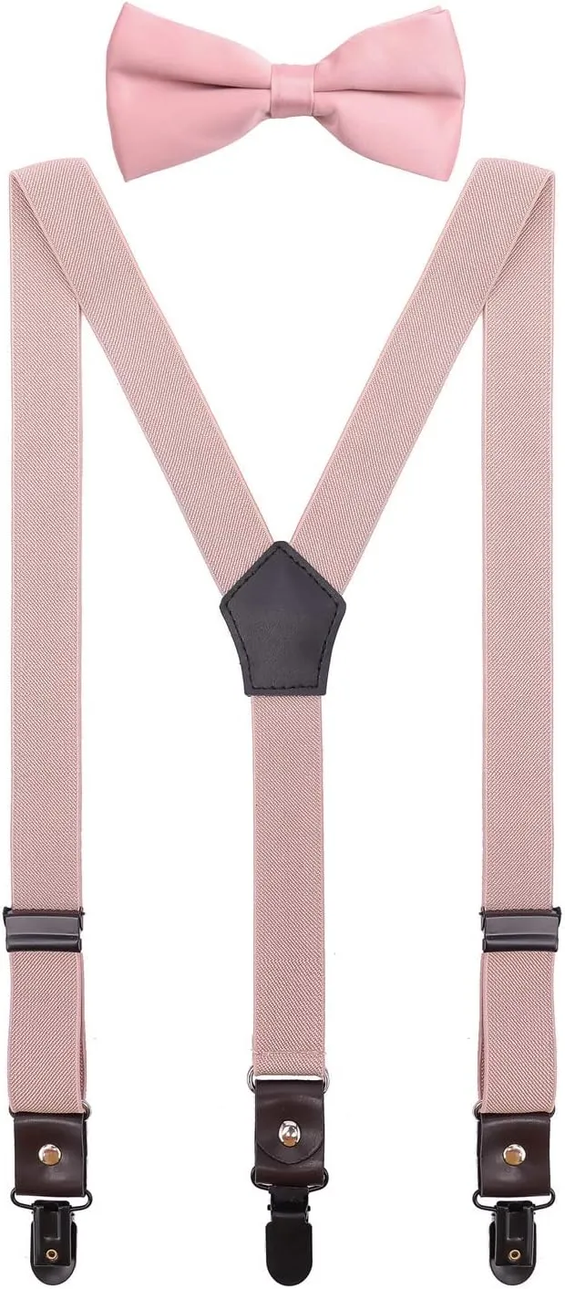 Men's Boys' Suspenders and Bow Tie Set Adjustable with Black Metal Clips