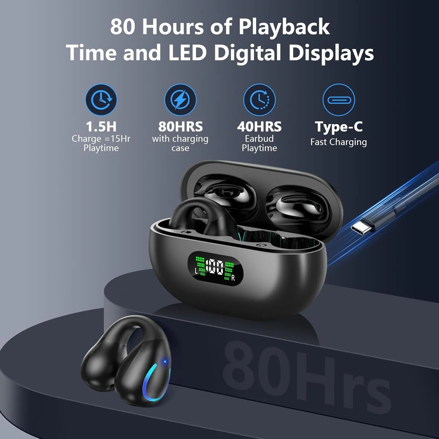 Open Ear Bone Conduction Headphones Bluetooth 5.3 Wireless Clip On Earbuds with Digital Display Charging Case 60 Hours Playtime Sport Earphones Built-in Mic IPX7 Waterproof for Running Fitness Black