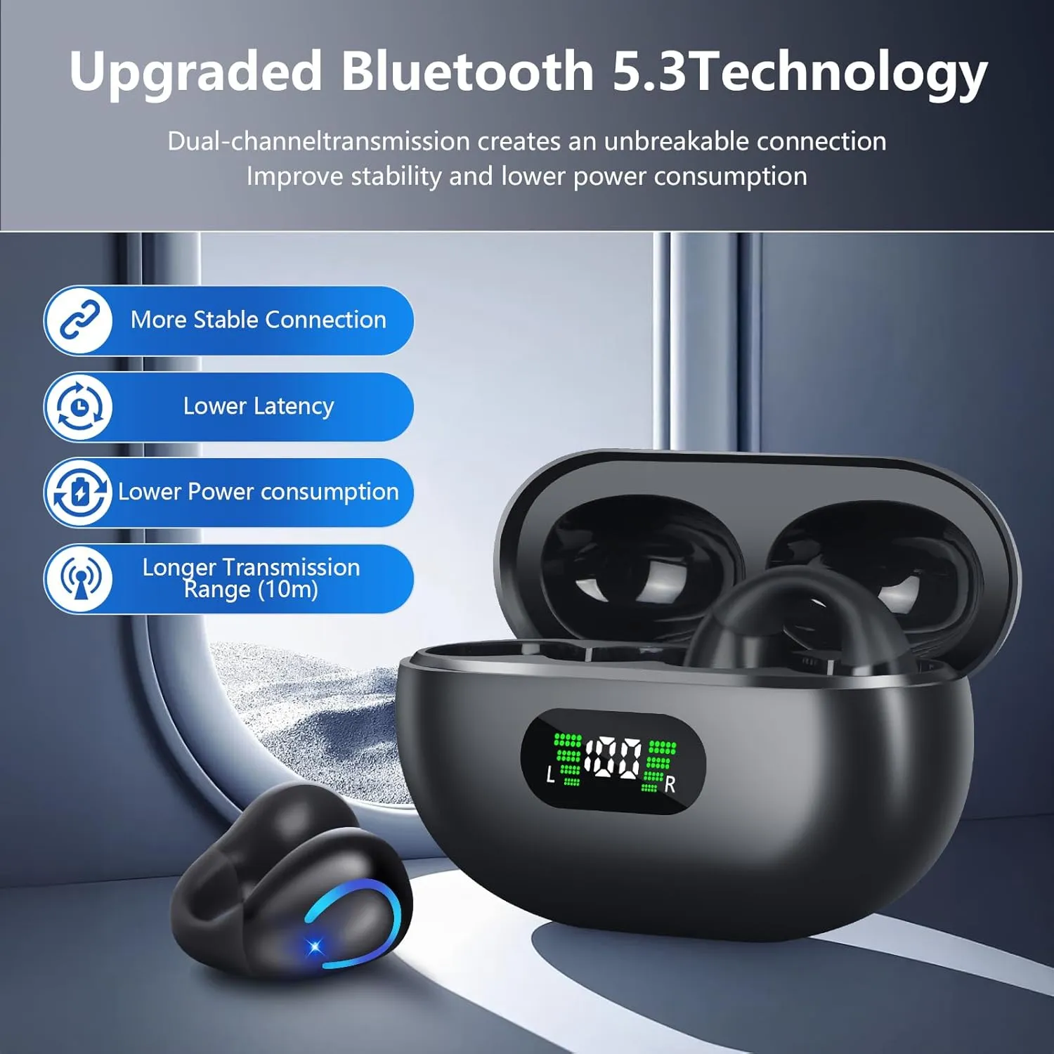 Open Ear Bone Conduction Headphones Bluetooth 5.3 Wireless Clip On Earbuds with Digital Display Charging Case 60 Hours Playtime Sport Earphones Built-in Mic IPX7 Waterproof for Running Fitness Black