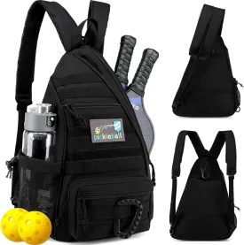 Pickleball Bag, Tactical Pickleball Backpack for Women Men, Adjustable Sling Bag with Fence Hook Water Bottle (Includes 2 Patches 1Carabiner)