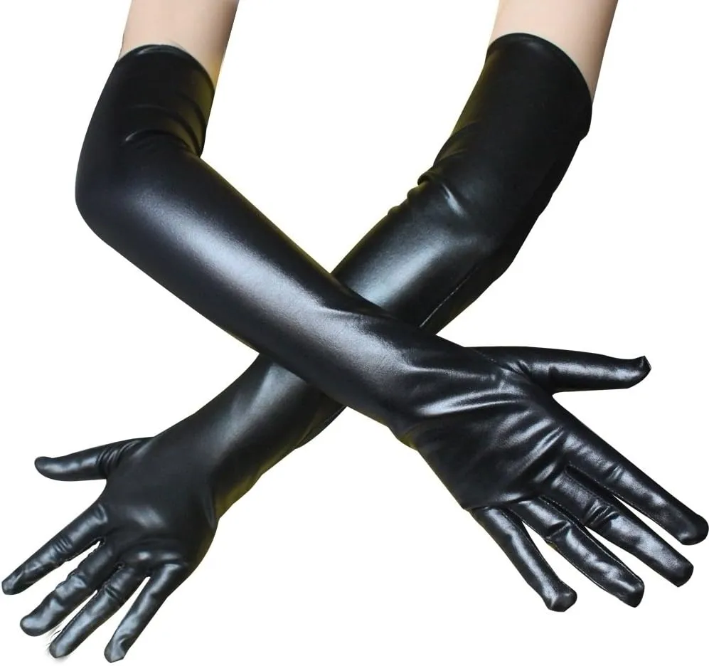 QTECLOR 21Women Long Gloves Stretchy Elbow Leather Glove for Evening Party Opera Costume