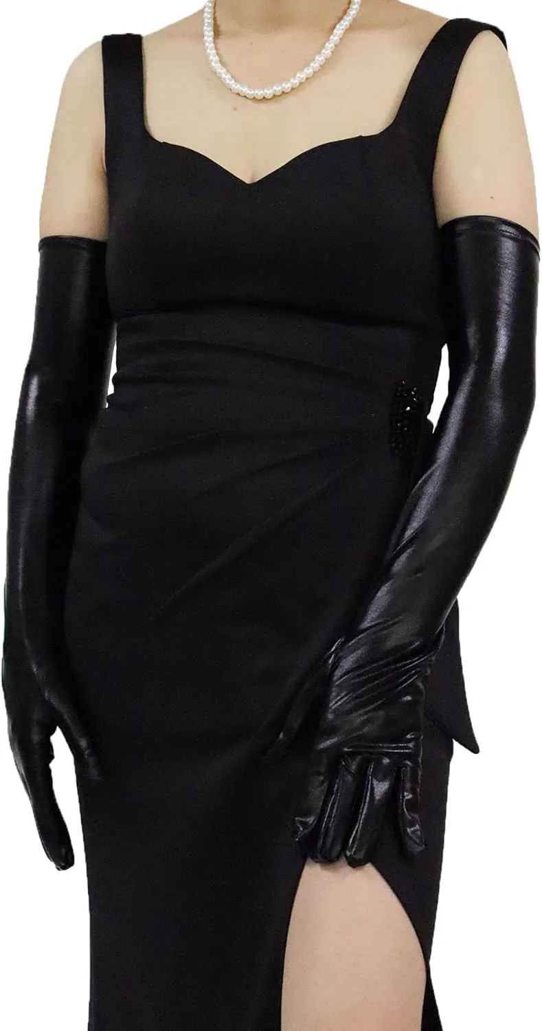 QTECLOR 21Women Long Gloves Stretchy Elbow Leather Glove for Evening Party Opera Costume