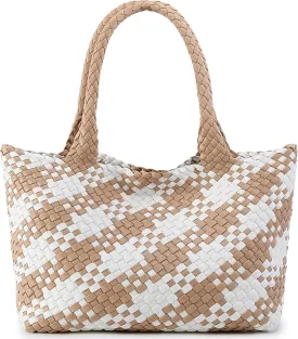 Queenoris Woven Bag for Women, Fashion Top Handle Shoulder Bag Vegan Leather Shopper Bag Large Travel Tote Bag