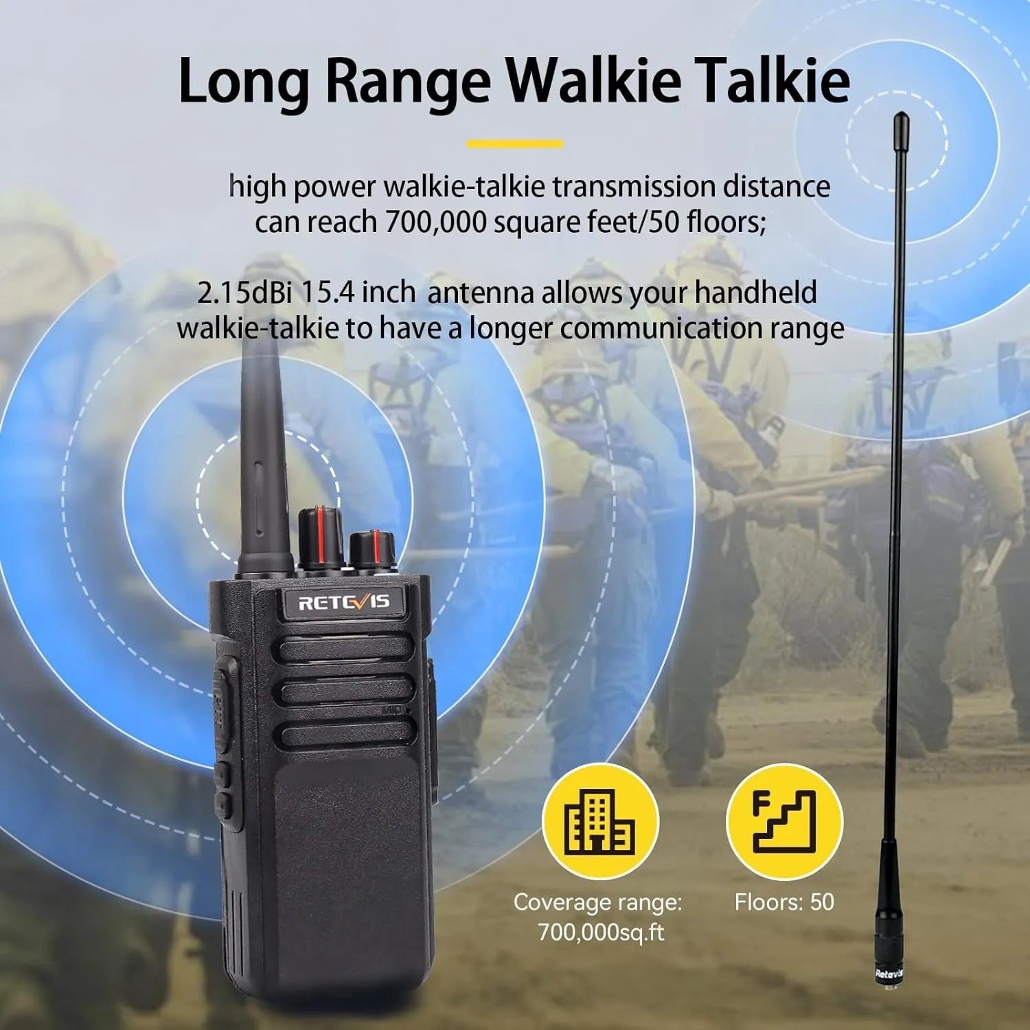Retevis RT29 Long Range 2 Way Radio with Mic, 15in Antenna,Heavy Duty Professional Walkie Talkies,IP67 Waterproof Two Way Radio,700,000 sq. ft/50 Floor Range,3200mAh,for Construction Logistics(4Pack)