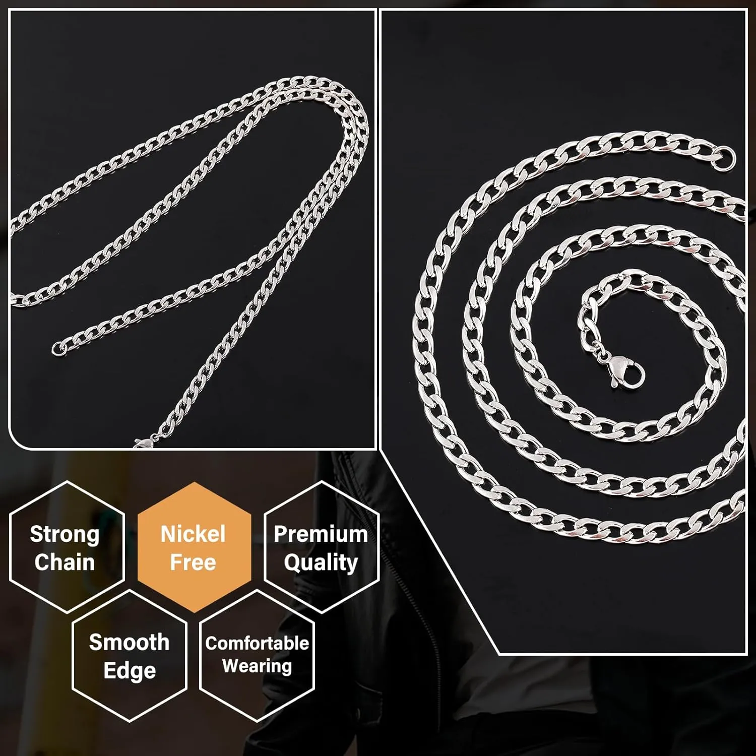 Silver Chain for Men Stainless Steel Men's Necklaces Chain Cool Diamond Cut Cuban Link Chain for Men Hip-Hop Jewelry 4mm/6mm 17/18/20/22/24/26 Inches