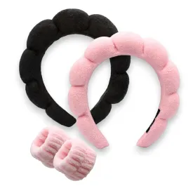 Spa Headbands for Washing Face, Makeup and Skincare. Set of 2 Skin care Head bands with Wristbands. Puffy Terry Cloth, Non Slip Get Ready Hairband for Women, Teens, Girls. Cute Hair Accessories.