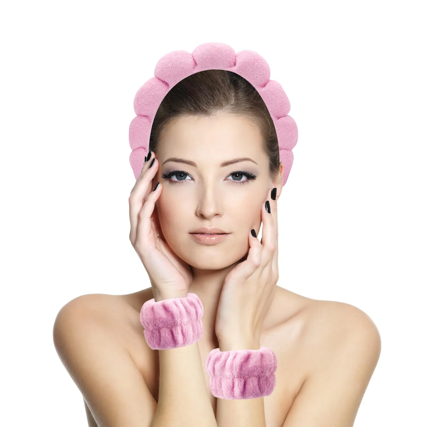 Spa Headbands for Washing Face, Makeup and Skincare. Set of 2 Skin care Head bands with Wristbands. Puffy Terry Cloth, Non Slip Get Ready Hairband for Women, Teens, Girls. Cute Hair Accessories.