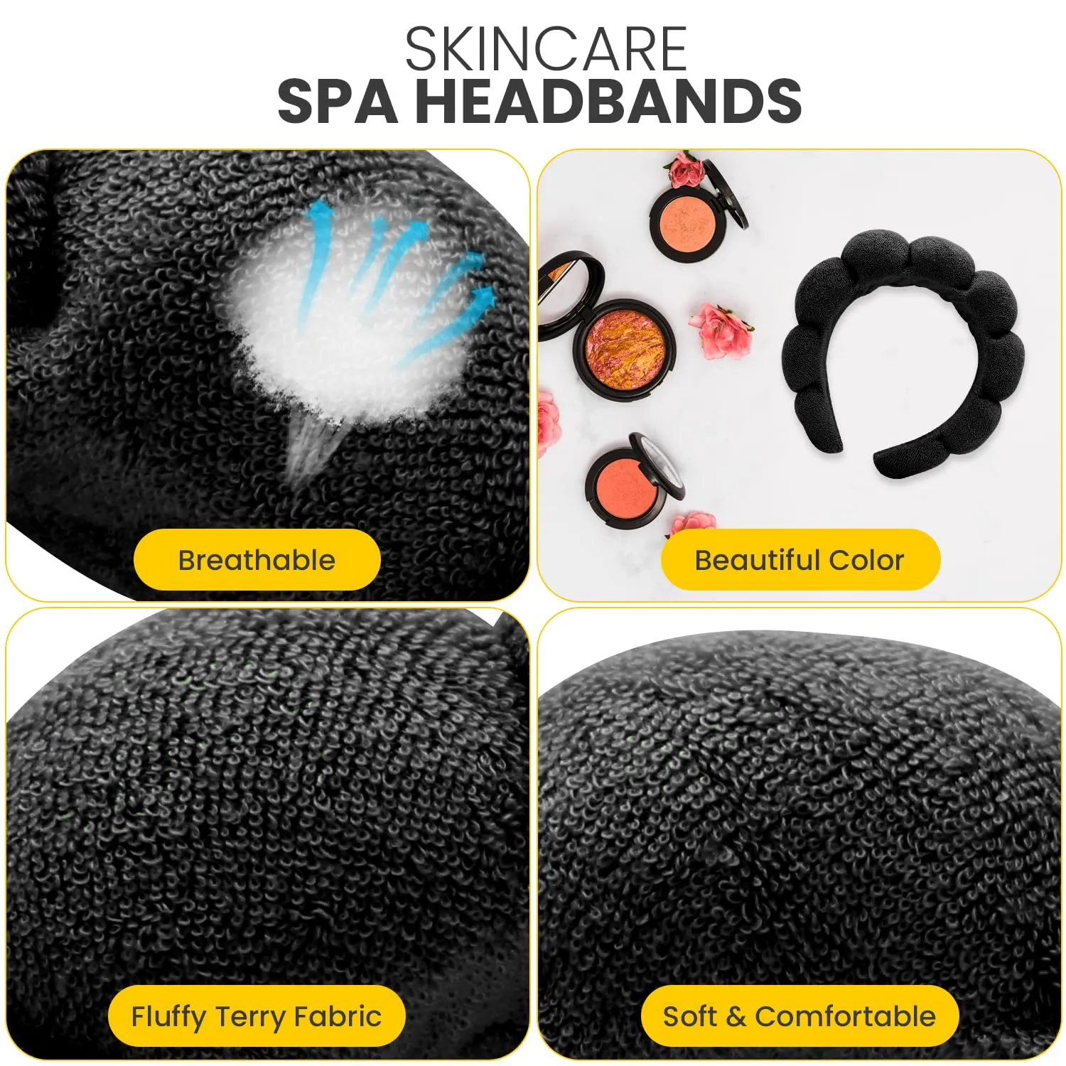 Spa Headbands for Washing Face, Makeup and Skincare. Set of 2 Skin care Head bands with Wristbands. Puffy Terry Cloth, Non Slip Get Ready Hairband for Women, Teens, Girls. Cute Hair Accessories.