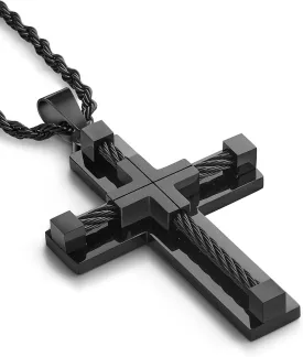 Stainless Steel Cross Necklace Men Women - 18K Gold Plated Crucifix Pendant - Rope Christian Religious Faith 3mm Rolo Chain Jewelry Present