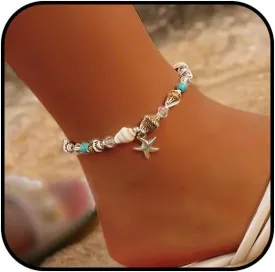 Starfish Shell Anklet for Women Adjustable Conch Anklet Turquoise Ankle Bracelets for Women Beach Pearl Foot Charm Chain Boho Jewerly for Summer Beach Party