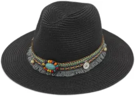 Straw Sunhat Womens Panama Hat Wide Brim Fedora Hat Summer Beach Sun Cap with Bohemia Tassel Band