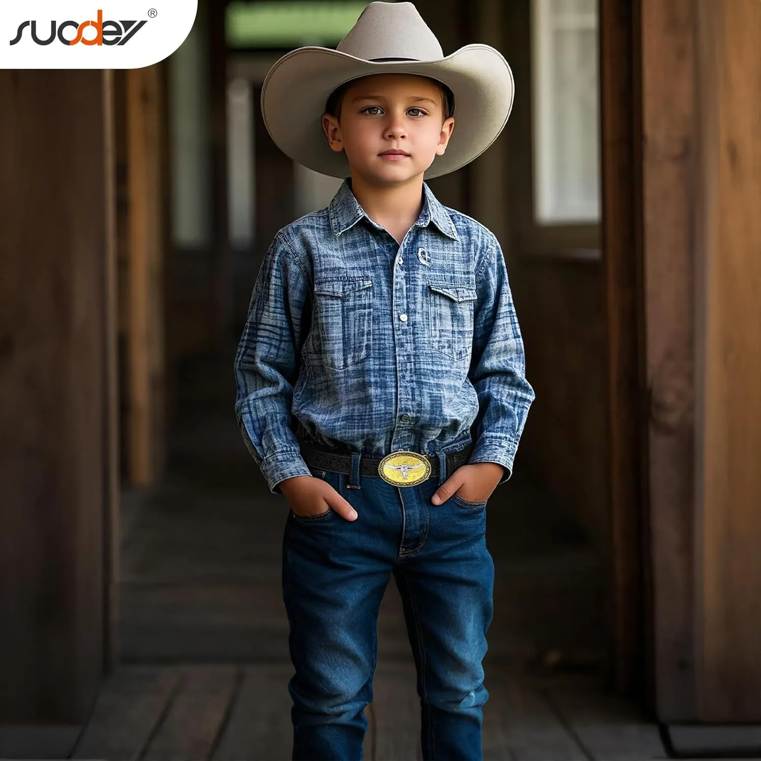 SUOSDEY Kids Western Belt for Boys Girls,Toddler Youth Cowboy Cowgirl Genuine Leather Belt with Longhorn Bull Buckle