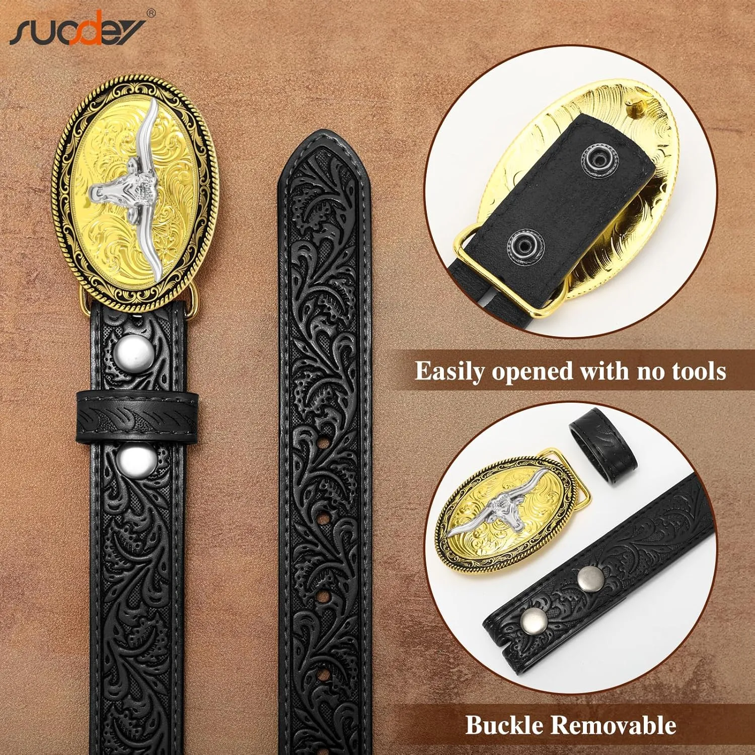 SUOSDEY Kids Western Belt for Boys Girls,Toddler Youth Cowboy Cowgirl Genuine Leather Belt with Longhorn Bull Buckle