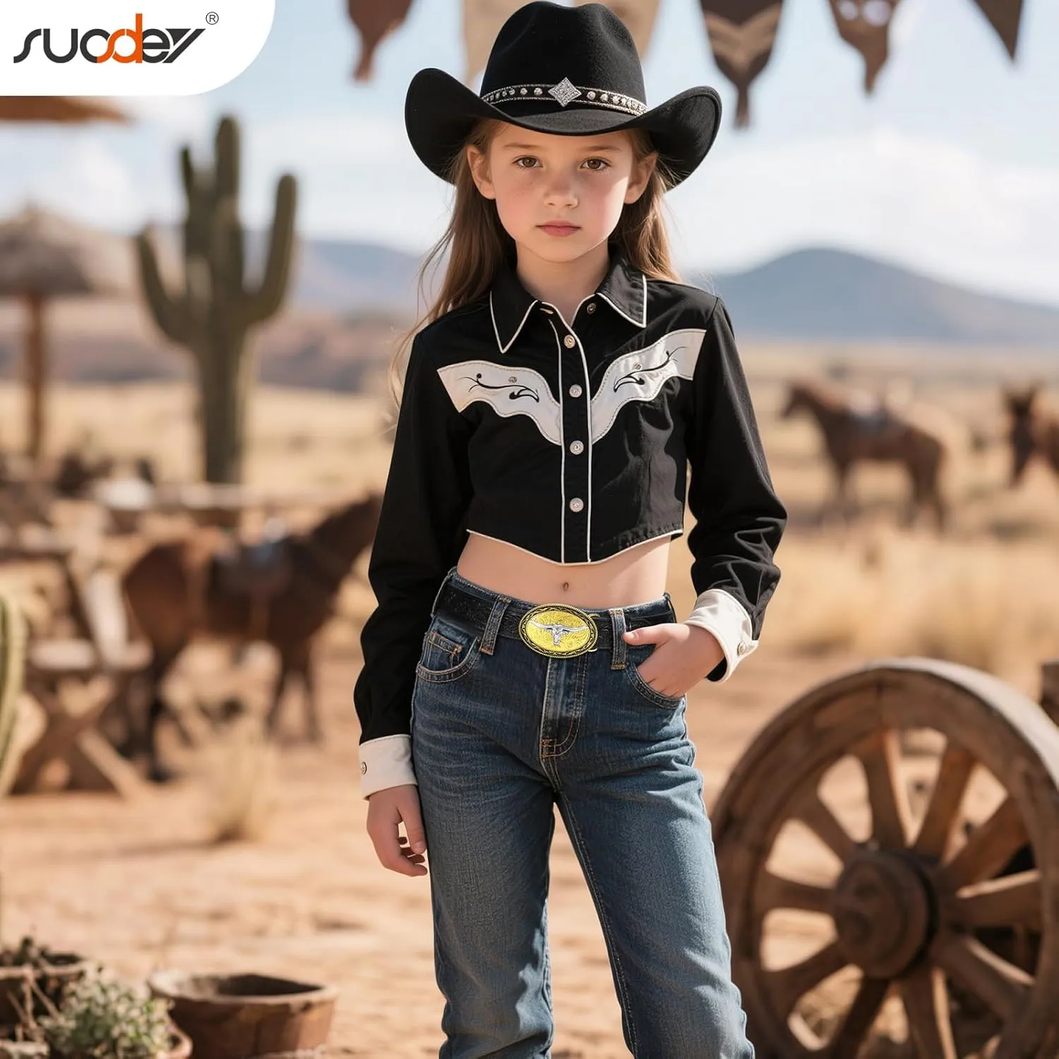SUOSDEY Kids Western Belt for Boys Girls,Toddler Youth Cowboy Cowgirl Genuine Leather Belt with Longhorn Bull Buckle