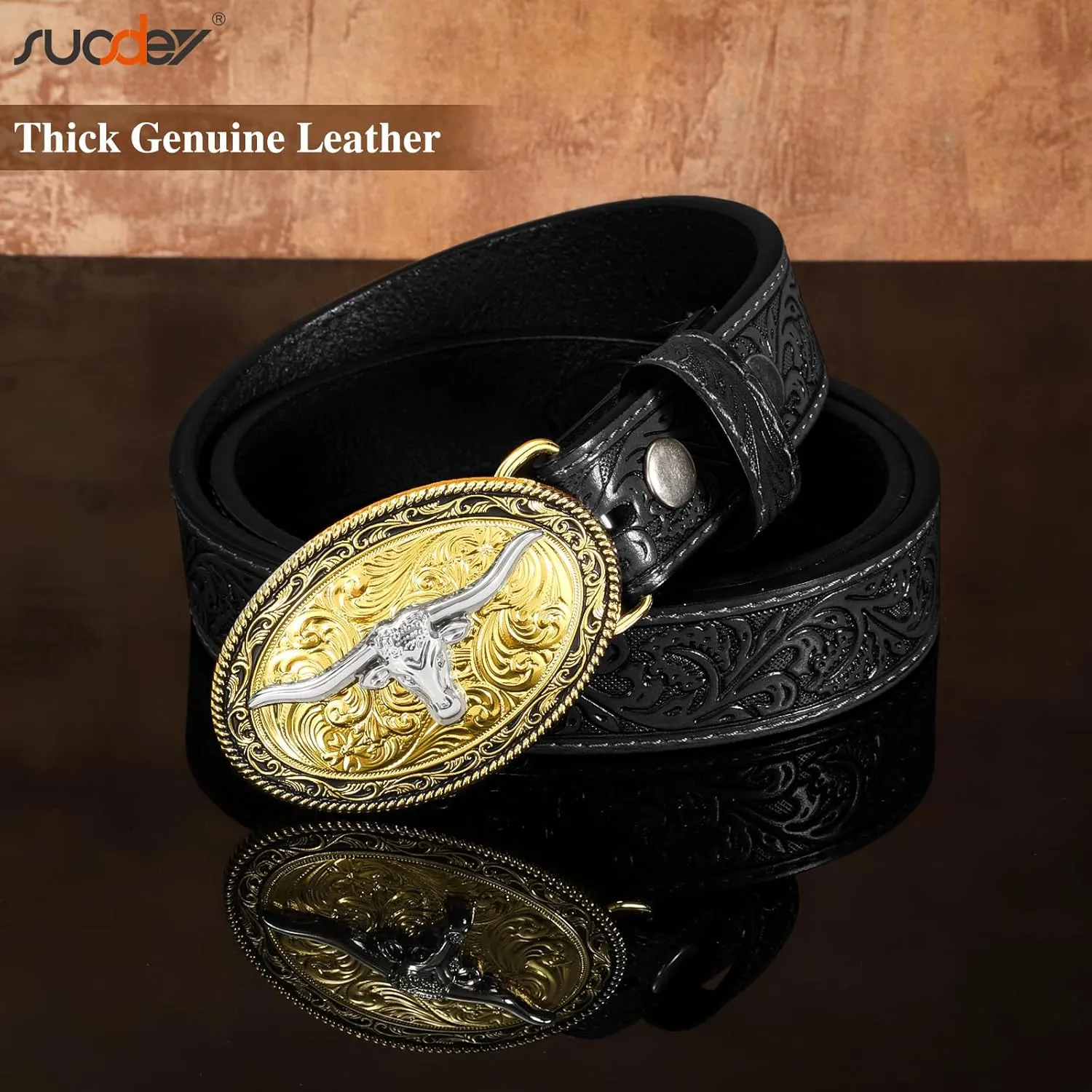 SUOSDEY Kids Western Belt for Boys Girls,Toddler Youth Cowboy Cowgirl Genuine Leather Belt with Longhorn Bull Buckle