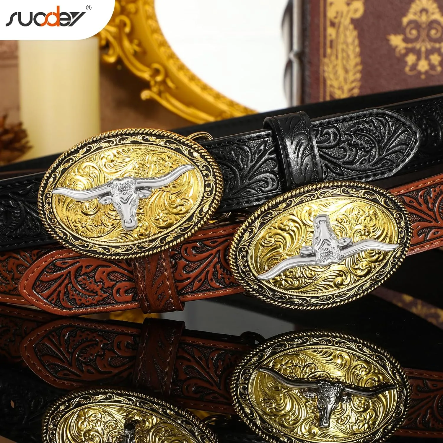 SUOSDEY Kids Western Belt for Boys Girls,Toddler Youth Cowboy Cowgirl Genuine Leather Belt with Longhorn Bull Buckle