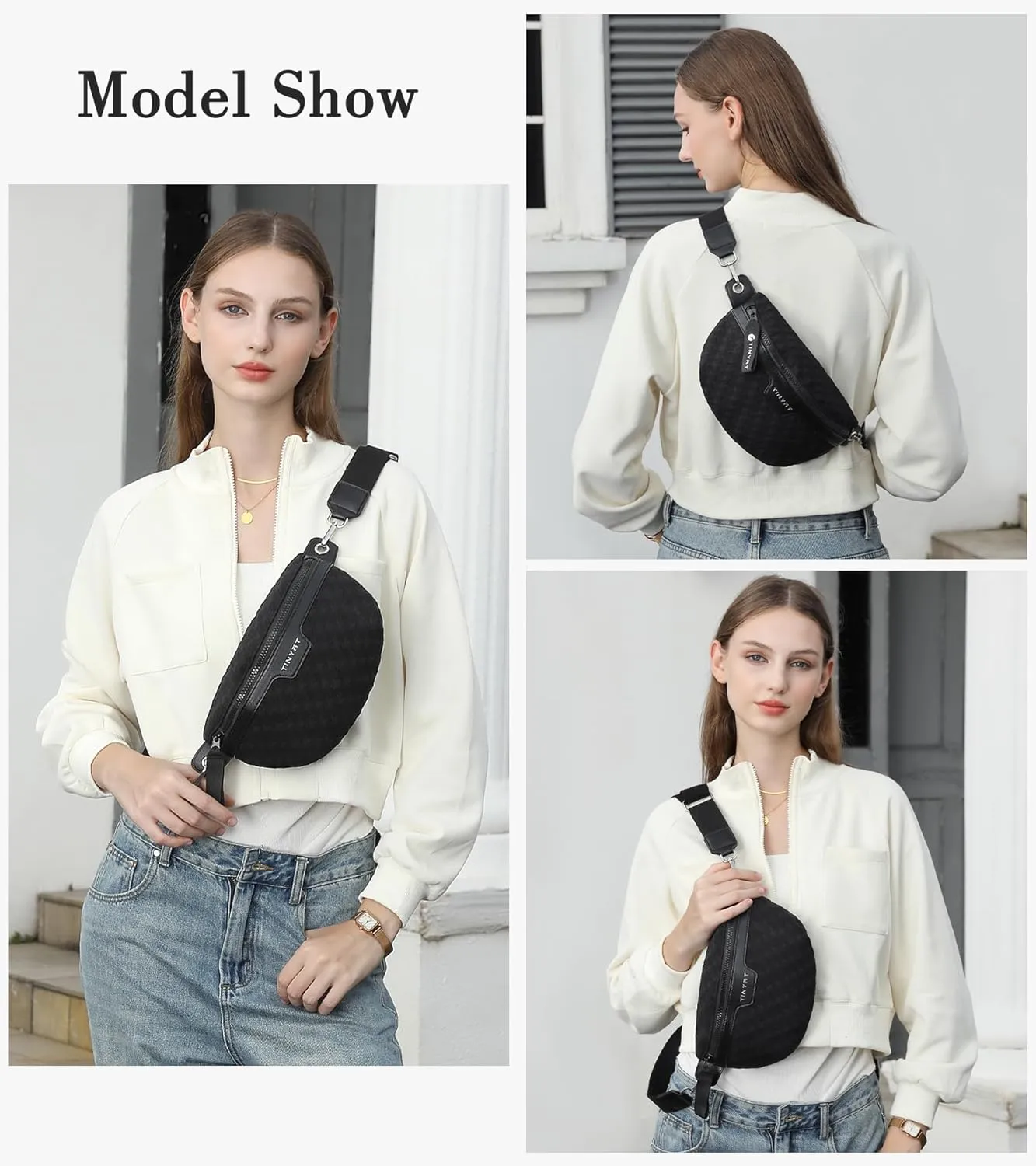 TINYAT Crossbody Fanny Pack for Women Trendy Crossbody Sling Bag with Adjustable Wide Strap Belt Bag Chest Purse for Travel