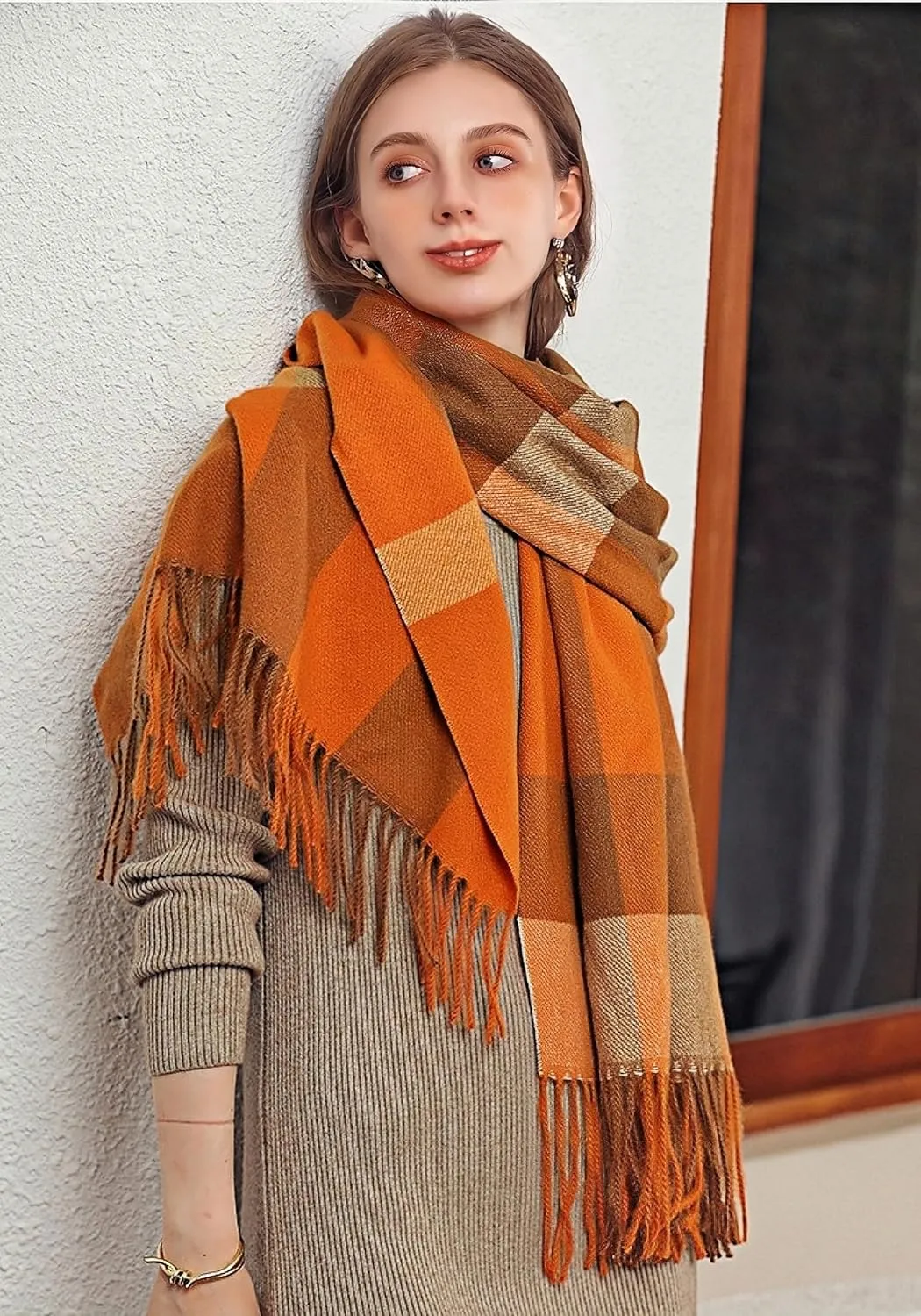 Wander Agio Women's Fashion Scarves Long Cashmere Like Shawl Winter Warm Knit Large Tassel Plaid Scarf
