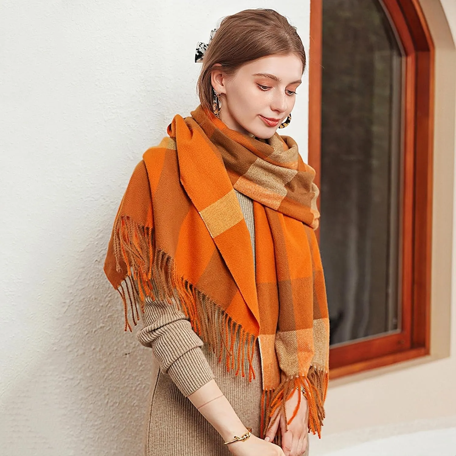 Wander Agio Women's Fashion Scarves Long Cashmere Like Shawl Winter Warm Knit Large Tassel Plaid Scarf