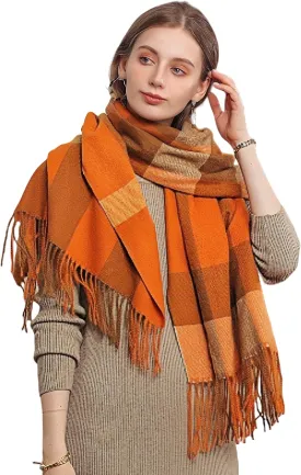 Wander Agio Women's Fashion Scarves Long Cashmere Like Shawl Winter Warm Knit Large Tassel Plaid Scarf