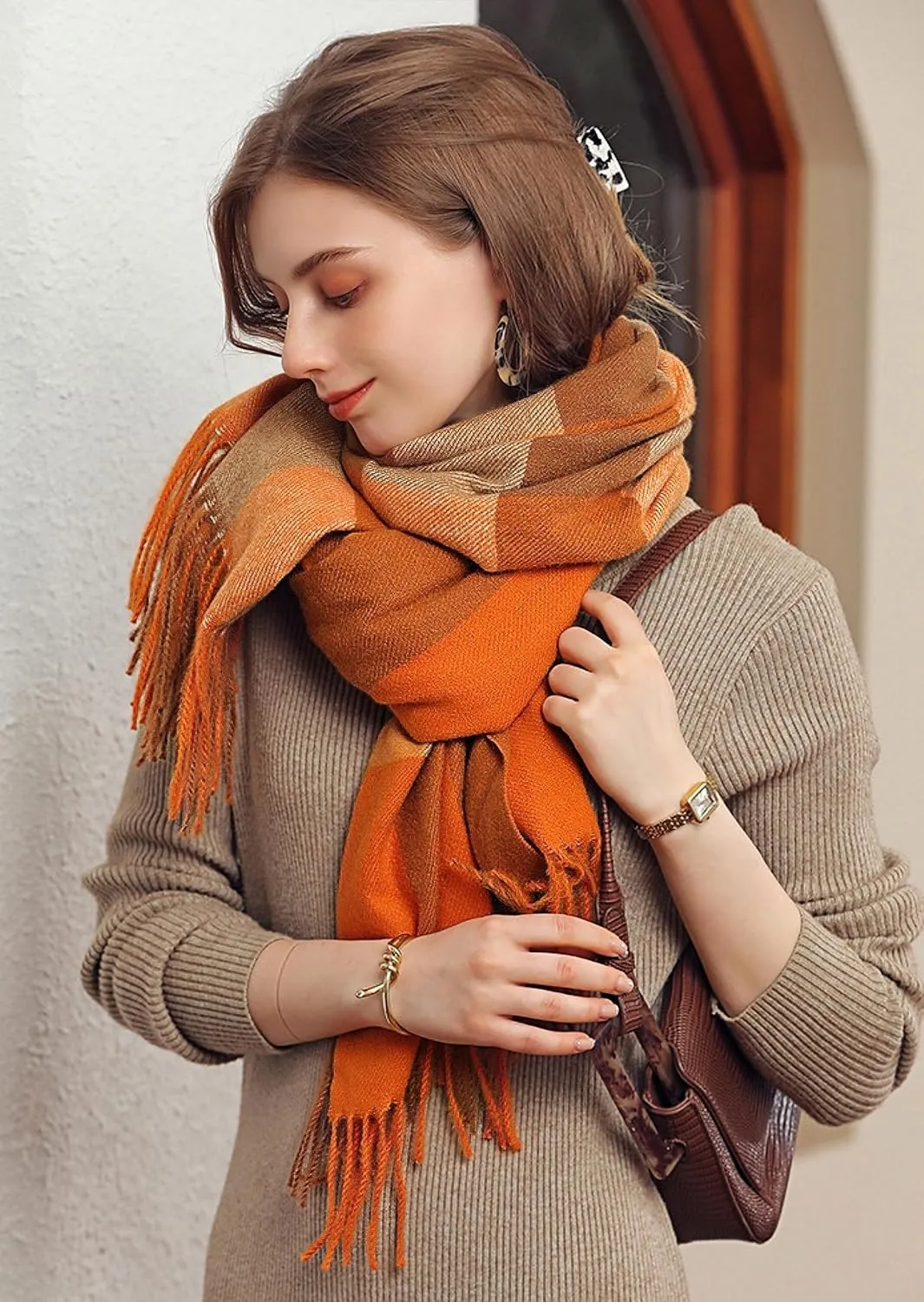 Wander Agio Women's Fashion Scarves Long Cashmere Like Shawl Winter Warm Knit Large Tassel Plaid Scarf