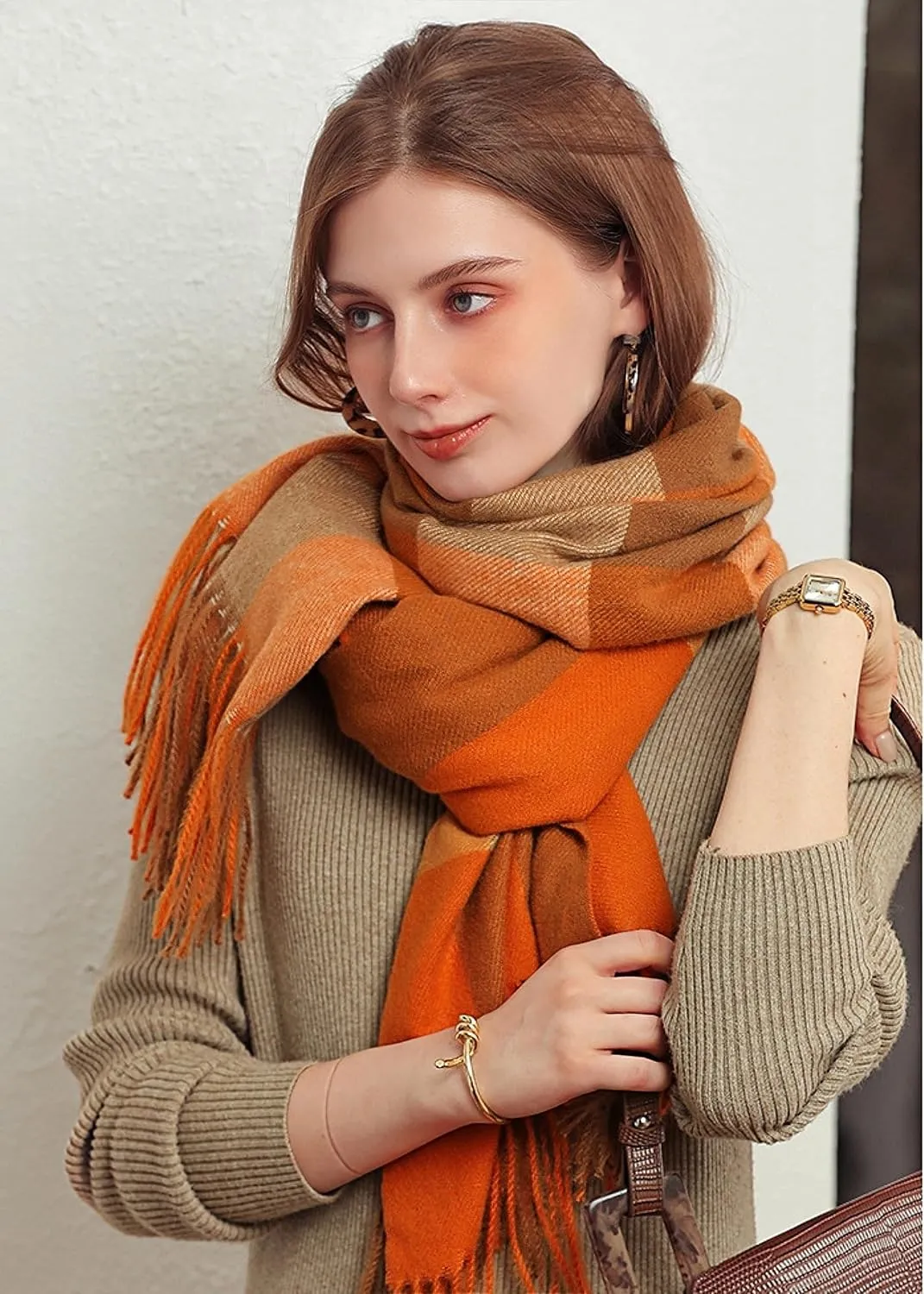 Wander Agio Women's Fashion Scarves Long Cashmere Like Shawl Winter Warm Knit Large Tassel Plaid Scarf