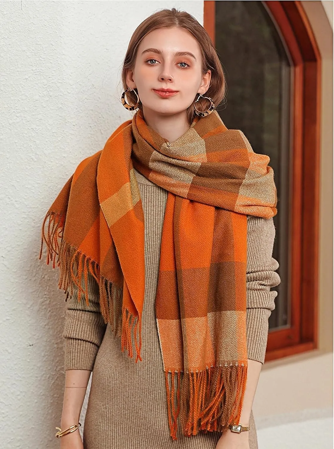 Wander Agio Women's Fashion Scarves Long Cashmere Like Shawl Winter Warm Knit Large Tassel Plaid Scarf