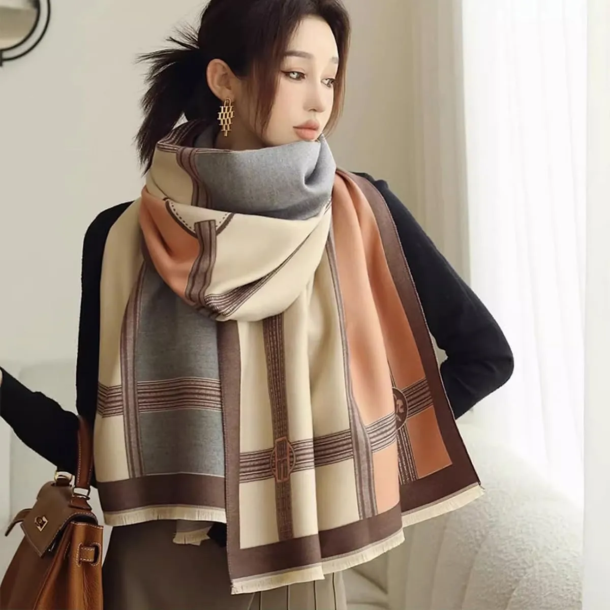 Winter Scarf Cashmere Shawl Women Color Blocked Horse Pattern Reversible Scarf With Tassel Pashmina Shawls And Wraps