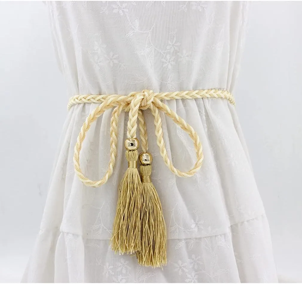 Women Girls Braided Knotted Waist Belt Skinny Mixed Color Rope Exotic Chain Tassel for Dress Skirt