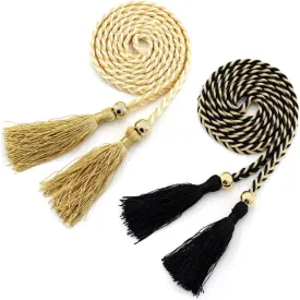 Women Girls Braided Knotted Waist Belt Skinny Mixed Color Rope Exotic Chain Tassel for Dress Skirt