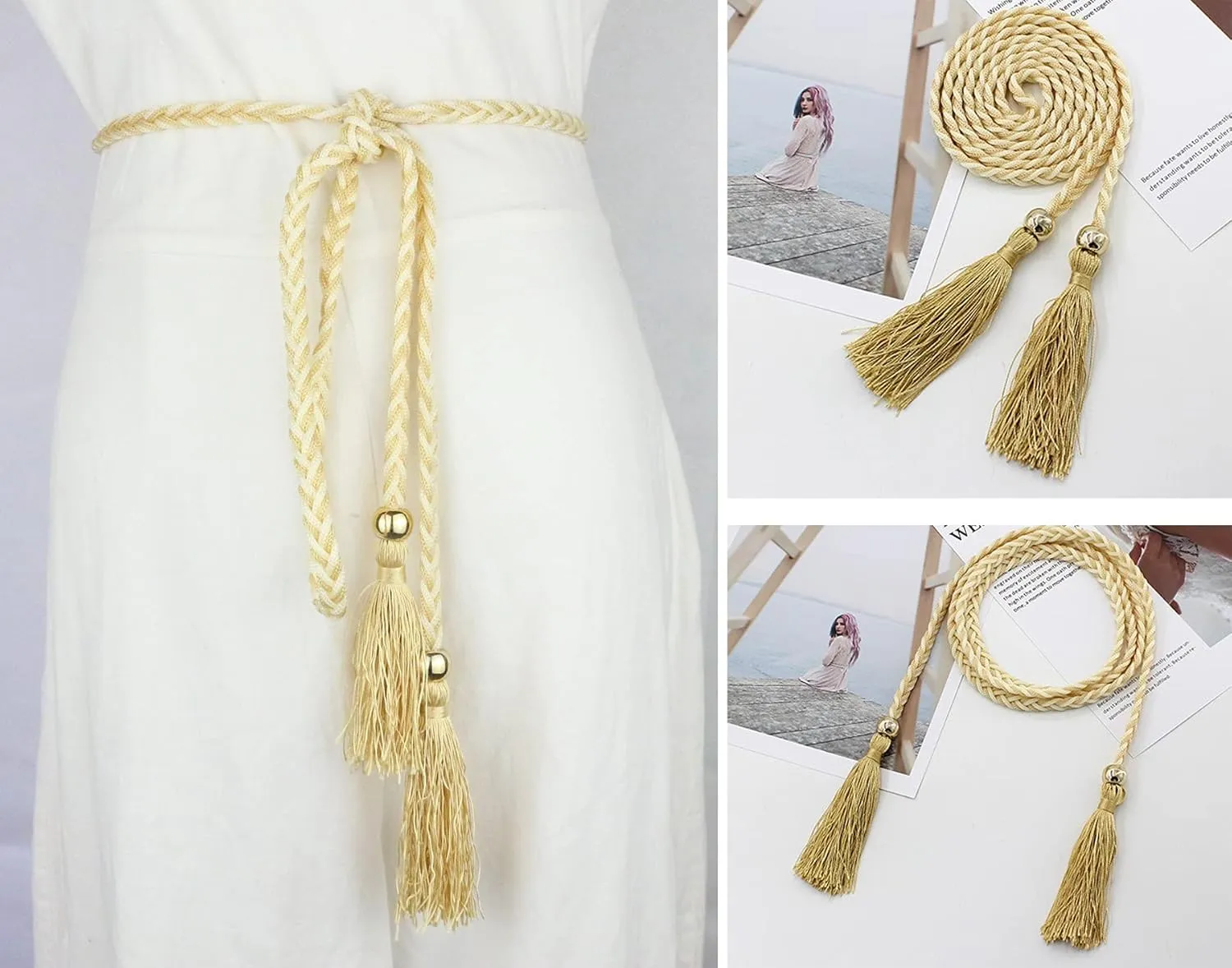 Women Girls Braided Knotted Waist Belt Skinny Mixed Color Rope Exotic Chain Tassel for Dress Skirt