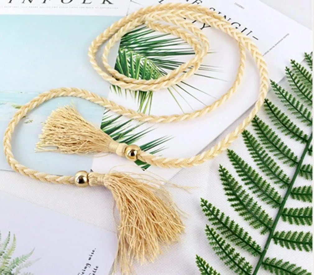 Women Girls Braided Knotted Waist Belt Skinny Mixed Color Rope Exotic Chain Tassel for Dress Skirt