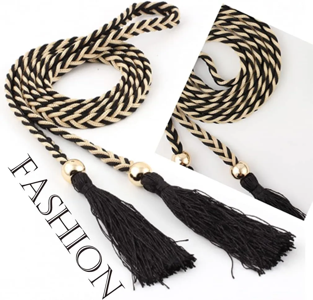 Women Girls Braided Knotted Waist Belt Skinny Mixed Color Rope Exotic Chain Tassel for Dress Skirt