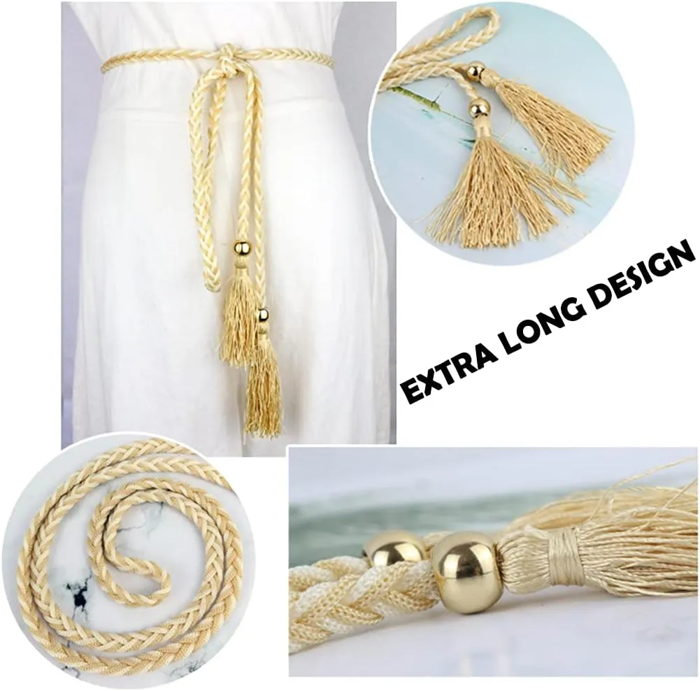 Women Girls Braided Knotted Waist Belt Skinny Mixed Color Rope Exotic Chain Tassel for Dress Skirt